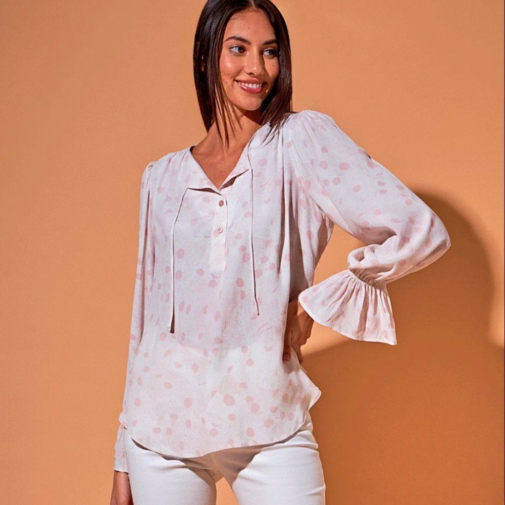Tucker Juliette Blouse Yayoi's Breezy Dots in Blush in Silk Crepe de Chine